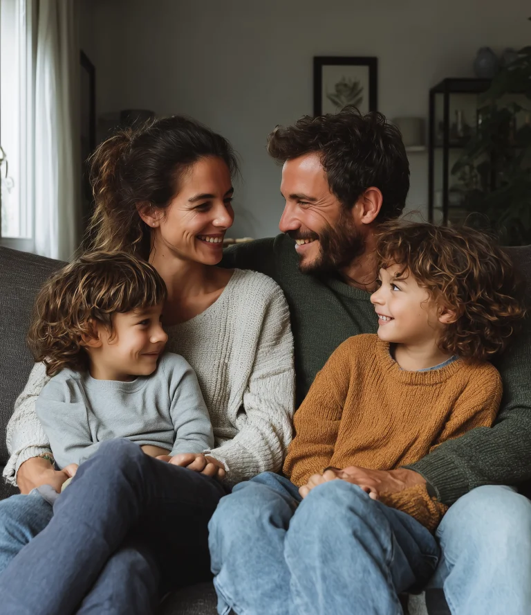 Smiling family at home, reviewing insurance coverage together