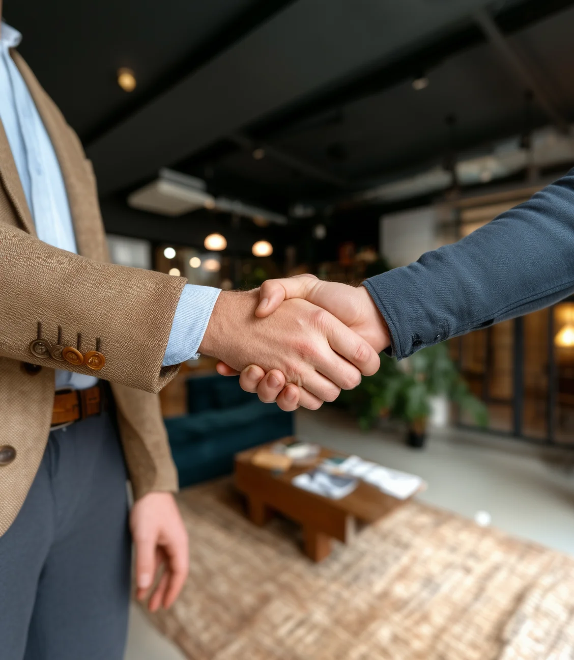 Two people shaking hands at a desk after closing an insurance deal